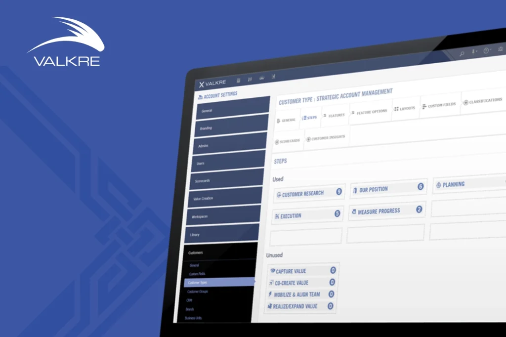 Valkre key account management software platform in-use on laptop.