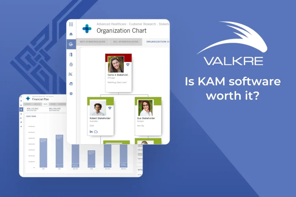 KAM software in use to help a key account manager navigate a client’s organization chart and current financials.