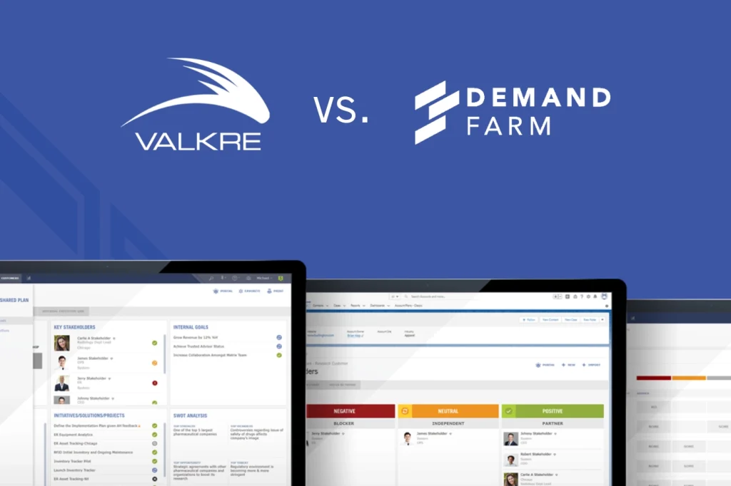 Valkre vs. DemandFarm comparison showing multiple screens key account planning software portal in action