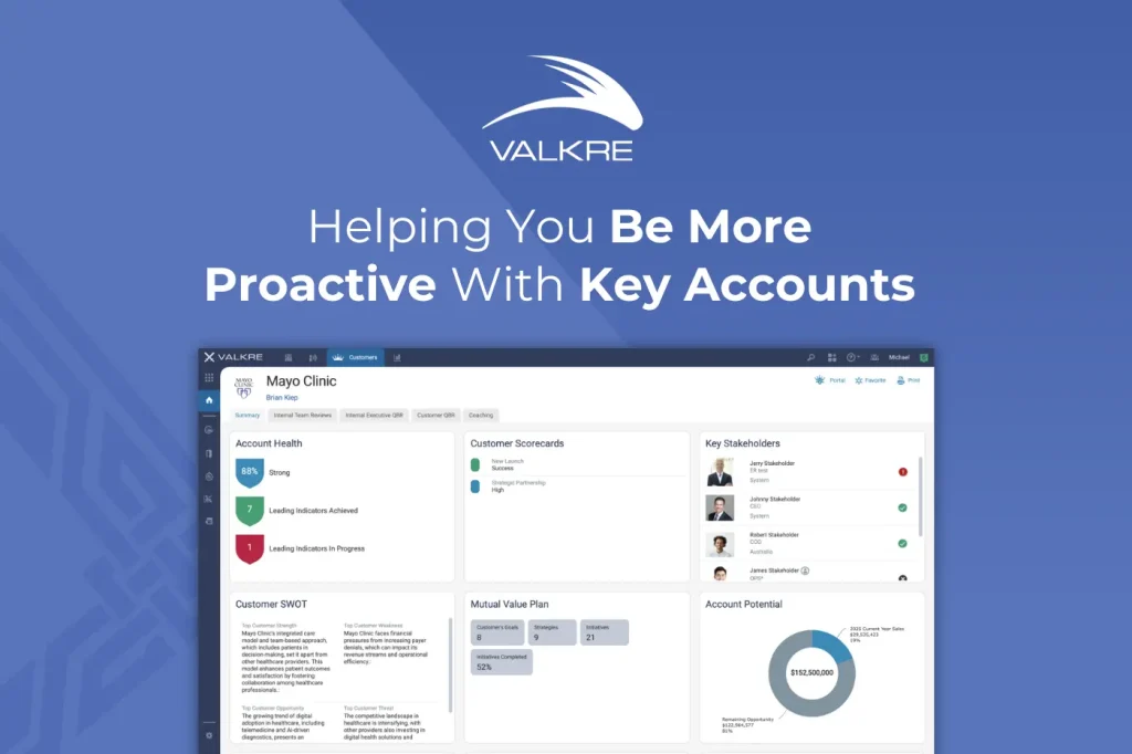 Key account management software screen showing an account health snapshot.
