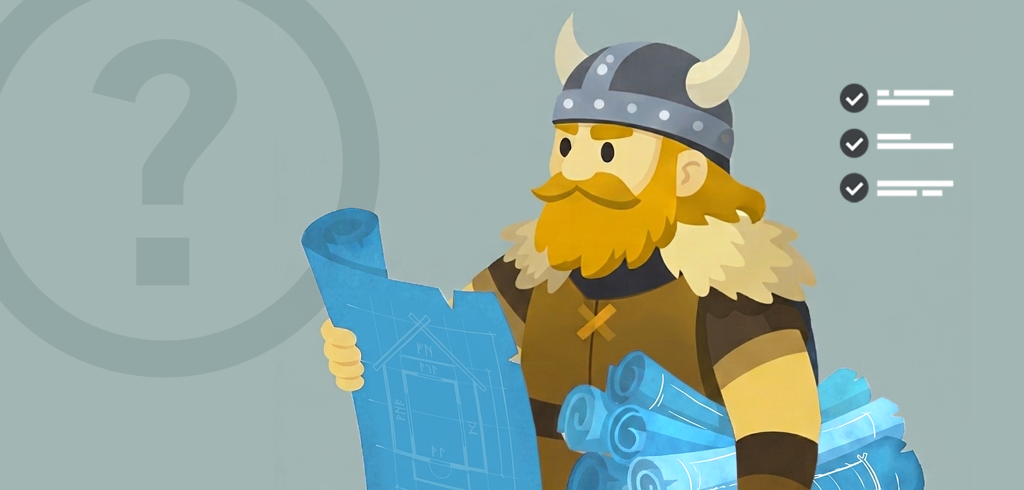 The Valkre Viking holding a set of blueprints
